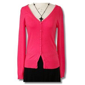 H&M Neon pink long sleeve v-neck cardigan ~ XS SMALL Barbie hot pink sweater